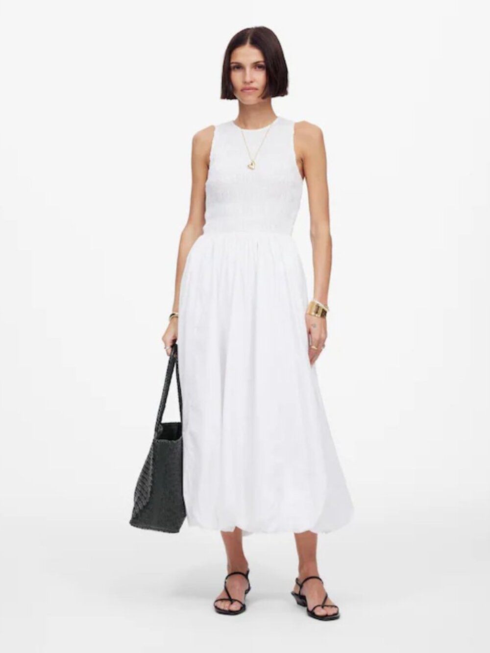 Madewell New The Melody Bubble Hem Smocked Midi Dress Poplin Cotton White XL